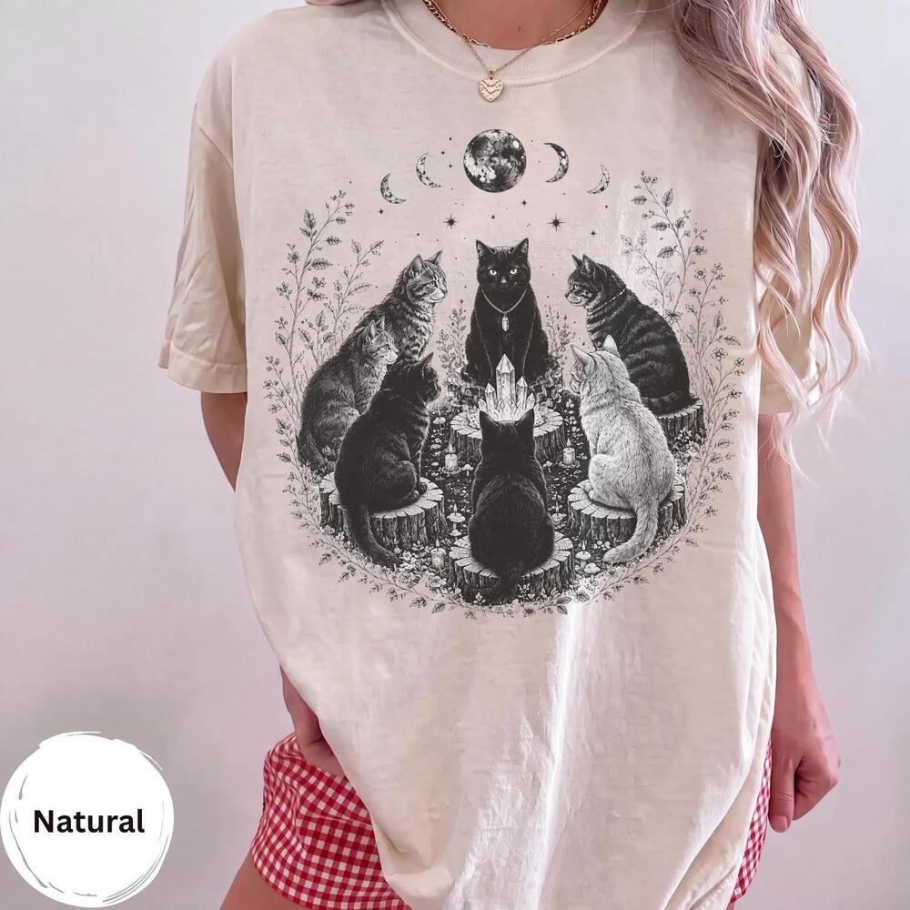 Cat Coven T-Shirt, Mystical Black Cat Tee, Witchy Moon Phase Shirt, Crystal